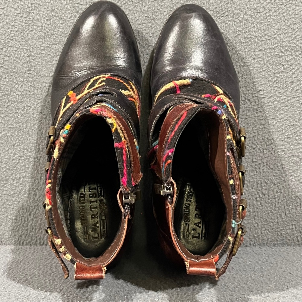 Spring Step LArtiste Q-Redding Ankle Boots Womens 9 Black Brown Embroidered Boho - Picture 8 of 10